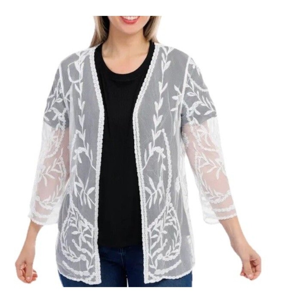 Nina Leonard Lace Kimono Cardigan Cream Floral Size Large Ethereal Romantic